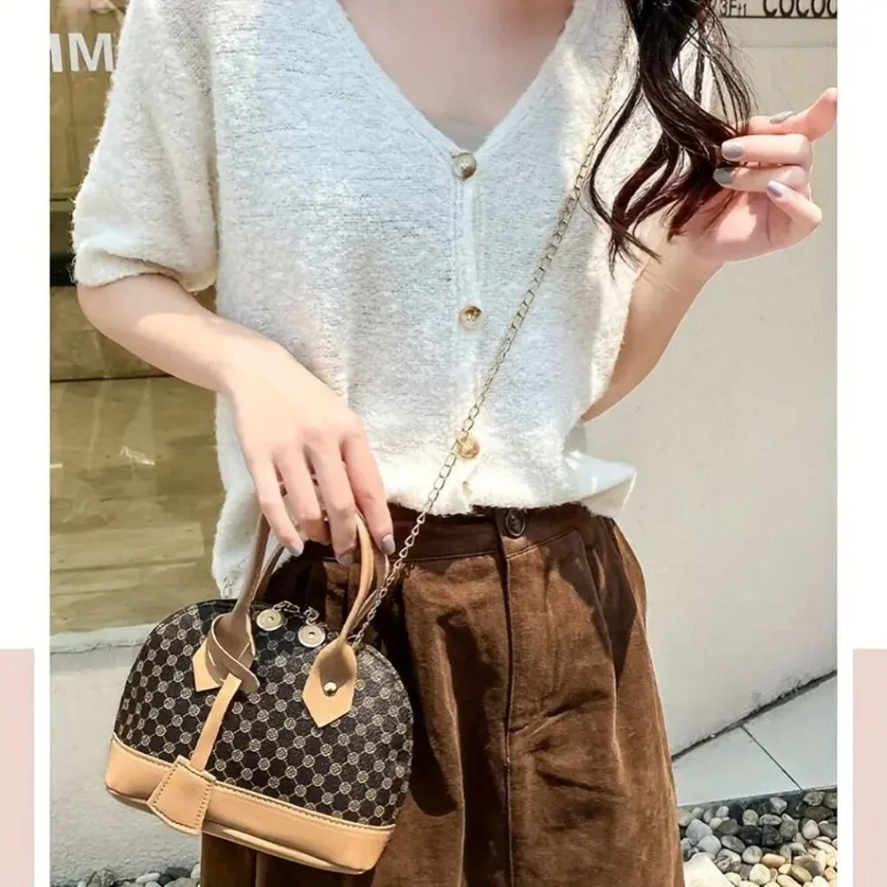 Small Dome Satchel Brown Patterned Bag w/Tone Trim & Gold Crossbody Chain Strap - Picture 5 of 6